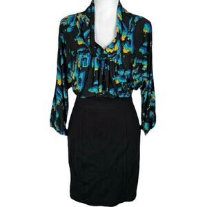 BCBGMaxazria Women 6 Abstract Paint Blue Blouson Dress Cowl‎ Neck Business
